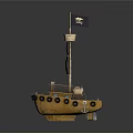 Pirate Ship Model with Yellow Hull Purple Skull Flag Round Windows and Deck Details