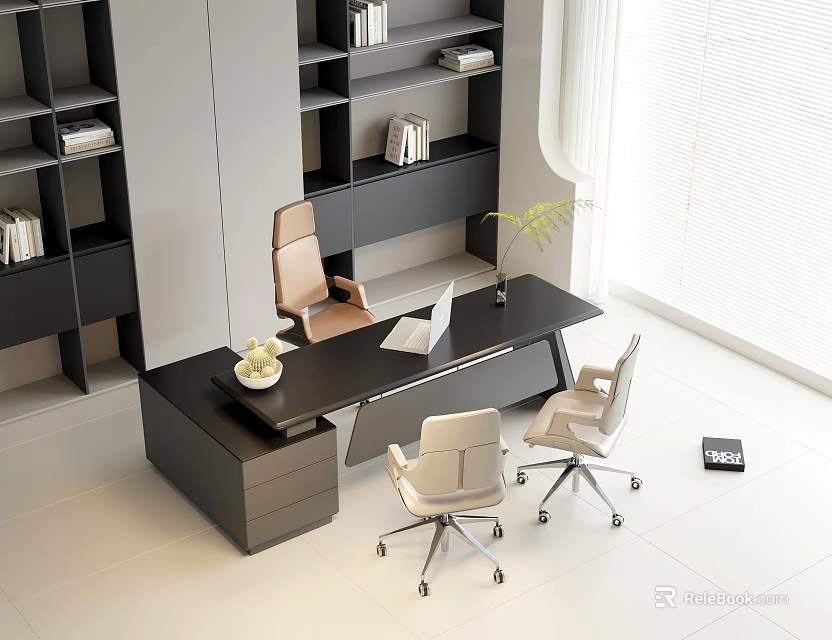 Contemporary Office Desk With Black Surface Ergonomic Chairs Bookshelves Laptop And Plant 3d model 