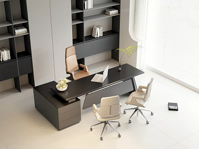 Contemporary Office Desk With Black Surface Ergonomic Chairs Bookshelves Laptop And Plant 3d model