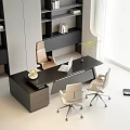 Contemporary Office Desk With Black Surface Ergonomic Chairs Bookshelves Laptop And Plant