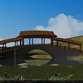 Stone Arch Bridge With Wooden Pavilion Roof Over Lake And Grassland With Lotus Flowers