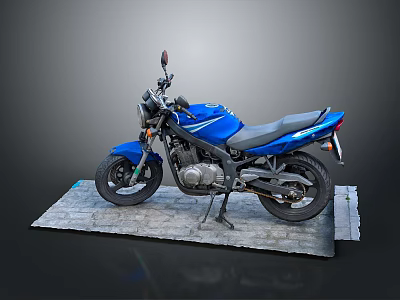Stylish Blue Motorcycle Side View With Black Seat On Gray Platform 3d model