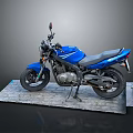 Stylish Blue Motorcycle Side View With Black Seat On Gray Platform