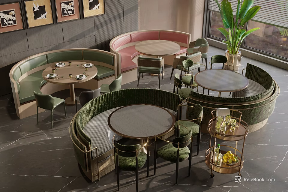 Green And Pink Banquette Sofas In Restaurant Interior With Round Tables And Chairs 3d model 