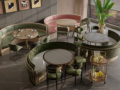 Green And Pink Banquette Sofas In Restaurant Interior With Round Tables And Chairs 3d model