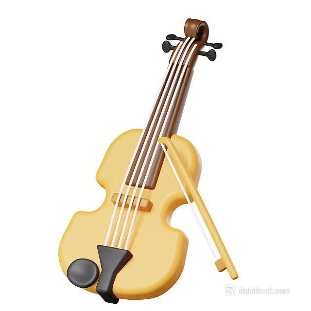 Yellow Violin with Strings Bow and Art Supplies Including Painting Tools 3d model 