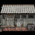 Old Wooden Building With Weathered Tile Roof Aged Walls Broken Windows And Brick Base