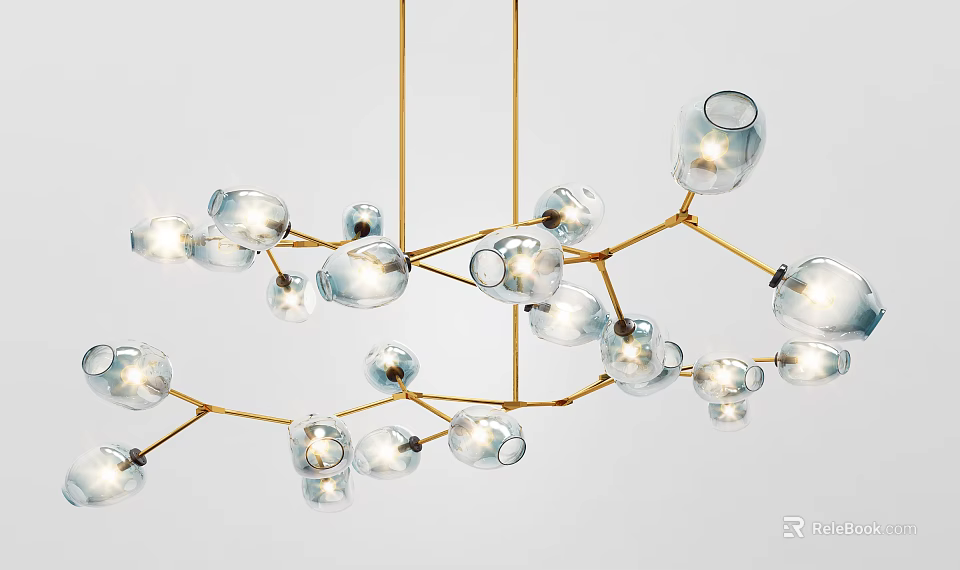 Modern Artistic Chandelier With Multiple Transparent Glass Shades And Golden Branch Like Frame 3d model 