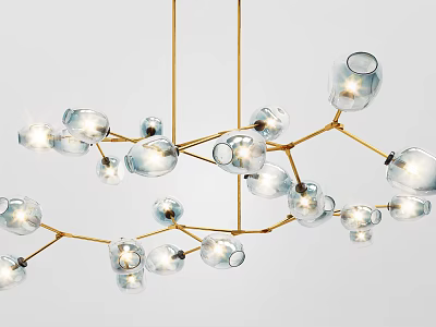 Modern Artistic Chandelier With Multiple Transparent Glass Shades And Golden Branch Like Frame 3d model