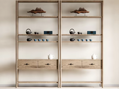 Traditional Wooden Display Shelves With Mountain Shaped Decor Teapots Teacups And Drawers 3d model