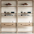 Traditional Wooden Display Shelves With Mountain Shaped Decor Teapots Teacups And Drawers
