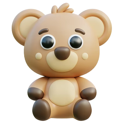 Cute 3D Cartoon Bear Toy With Big Eyes Brown Beige Color And Smiling Face 3d model
