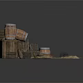 Rustic Household Storage Items Including Wooden Barrels Crates Hay Stacks And Sacks