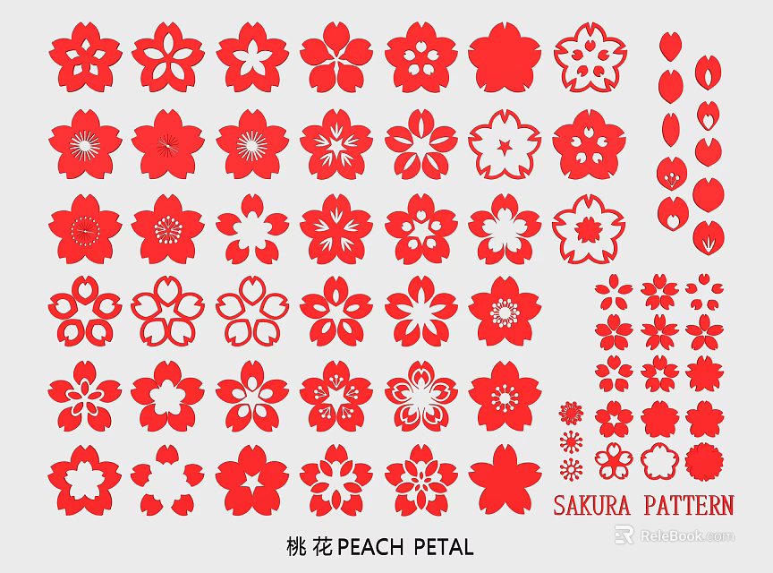 Decorative Red And White Sakura Peach Petal Flower Silhouettes Pattern Design 3d model