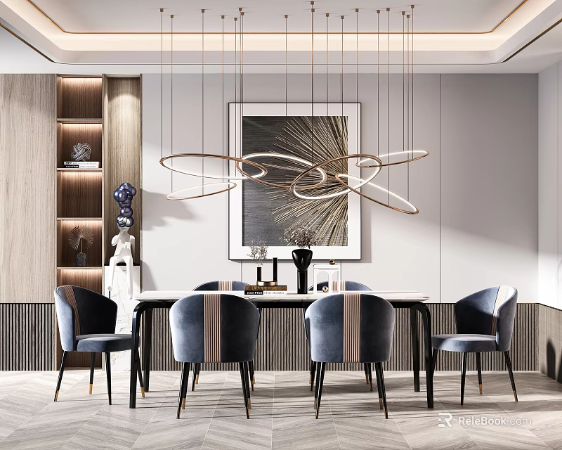 Modern Elegant Dining Table Set With Navy Blue Chairs Circular Pendant Lights And Wall Art 3d model