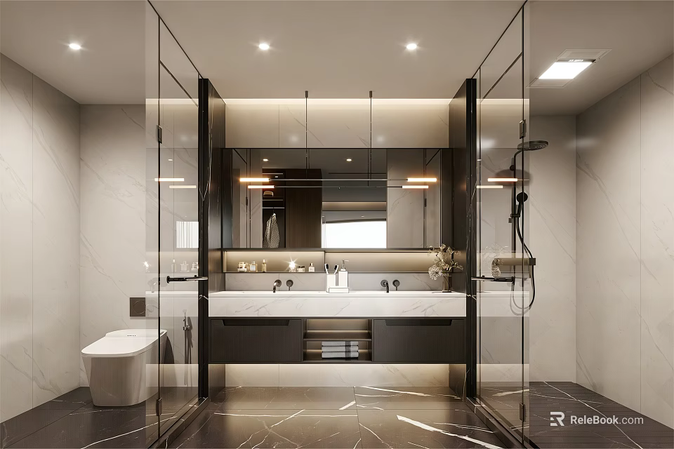 Modern Bathroom Interior Design With Glass Partition Marble Vanity And Large Mirror 3d model 