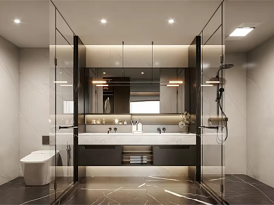 Modern Bathroom Interior Design With Glass Partition Marble Vanity And Large Mirror 3d model