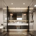 Modern Bathroom Interior Design With Glass Partition Marble Vanity And Large Mirror