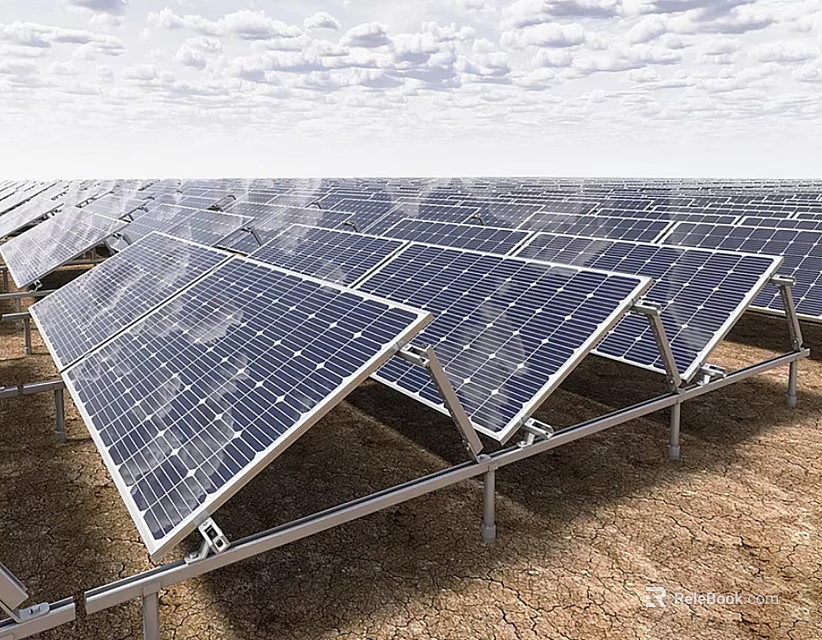 Large Industrial Solar Panels Renewable Energy Installation In Open Field With Metal Supports 3d model 