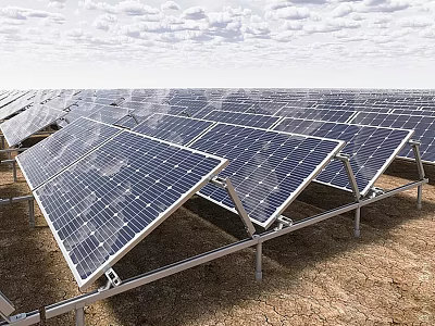 Large Industrial Solar Panels Renewable Energy Installation In Open Field With Metal Supports 3d model