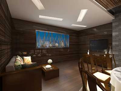 Private Box Interior With Wooden Walls Sofa Coffee Table TV And Dining Seating 3d model