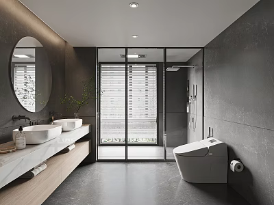 Modern Minimalist Bathroom Interior With Double Vanity Sinks Round Mirror Glass Shower And Wooden Countertop 3d model