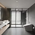 Modern Minimalist Bathroom Interior With Double Vanity Sinks Round Mirror Glass Shower And Wooden Countertop