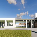 Modern School Building With White Exterior Wooden Structure And Reflection Pool Under Blue Sky