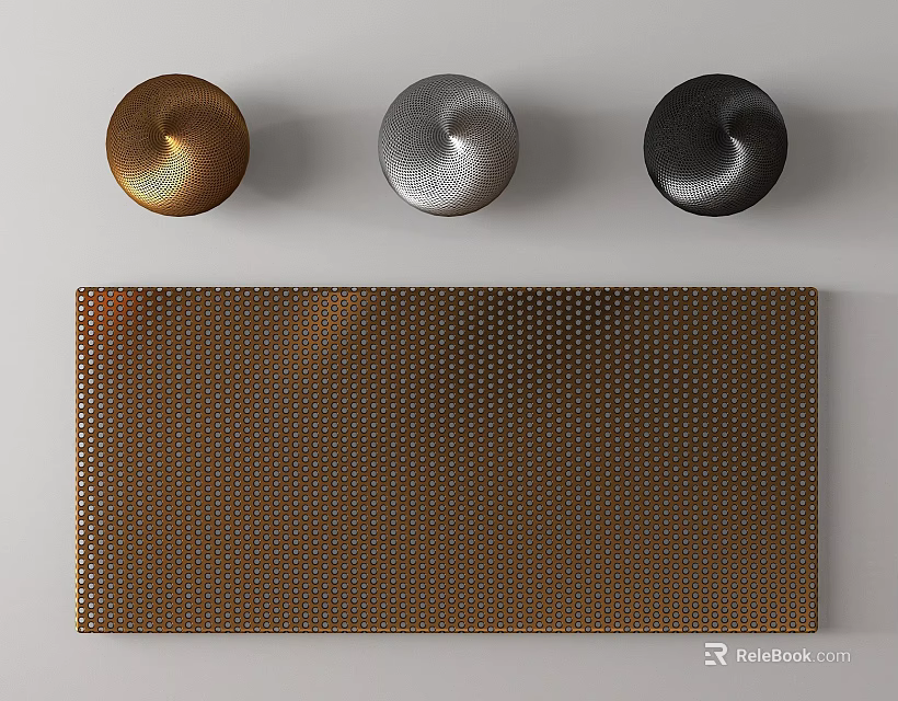 Metal Components Featuring Three Round Gold Silver Black Elements And Rectangular Perforated Bronze Plate 3d model