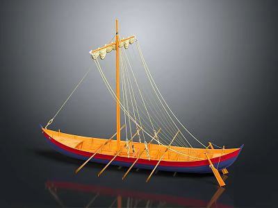 Detailed Traditional Ship Model With Orange Blue Hull Mast Ropes And Oars On Reflective Surface 3d model