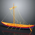 Detailed Traditional Ship Model With Orange Blue Hull Mast Ropes And Oars On Reflective Surface
