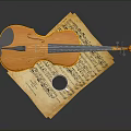 Yellow Violin Placed On Vintage Sheet Music With Small Black Cup