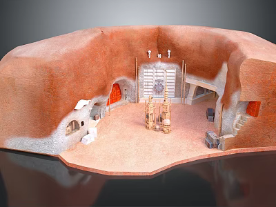 Ancient Scene Adobe Circular Structure Interior With Central Altar Stairs And Arched Doors 3d model