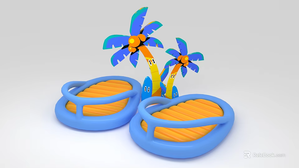 Colorful Inflatable Pool Loungers With Blue Orange Design And Palm Trees 3d model 