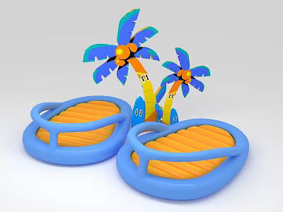 Colorful Inflatable Pool Loungers With Blue Orange Design And Palm Trees 3d model