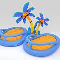 Colorful Inflatable Pool Loungers With Blue Orange Design And Palm Trees