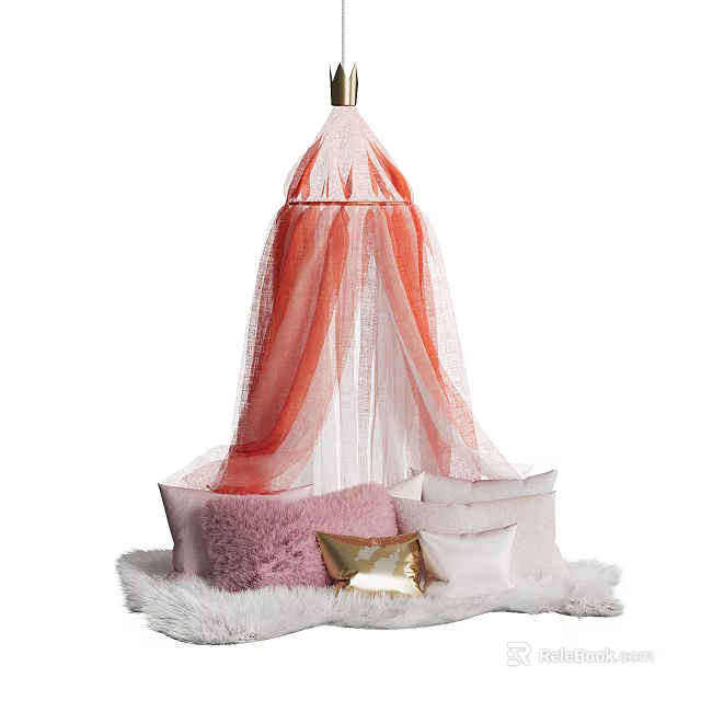 Coral And White Sheer Bed Canopy With Fluffy Pillows On Soft White Rug 3d model 