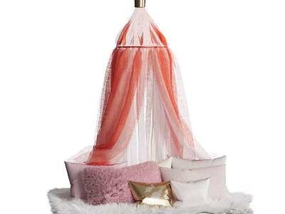 Coral And White Sheer Bed Canopy With Fluffy Pillows On Soft White Rug 3d model