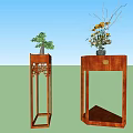 Chinese Style Wooden Plant Stands With Carved Design And Potted Green Plants And Yellow Flowers