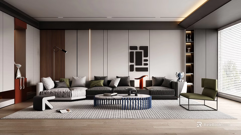 Modern Living Room Interior Design With Sofa Coffee Table Rug Decorative Wall Art And Bookshelf 3d model 