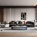 Modern Living Room Interior Design With Sofa Coffee Table Rug Decorative Wall Art And Bookshelf