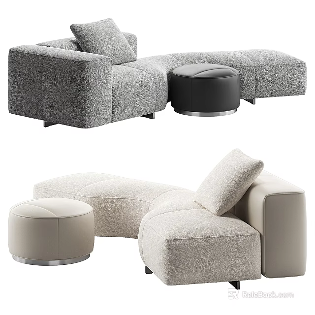 Modern Gray and Beige Sectional Sofa with Ottoman and Throw Pillow Design 3d model 