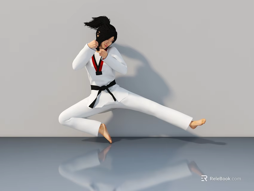 Woman In White Taekwondo Uniform With Black Belt Performing Split Stance On Reflective Floor 3d model 