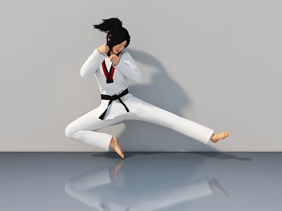 Woman In White Taekwondo Uniform With Black Belt Performing Split Stance On Reflective Floor 3d model