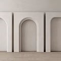 Minimalist White Stool In Interior With Three Archway Walls And Light Wood Floor