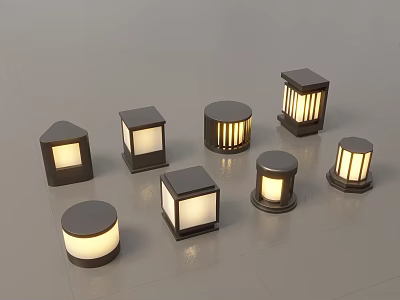 Modern Outdoor Light Designs With Black Bases Various Shapes And Illuminated Lampshades 3d model