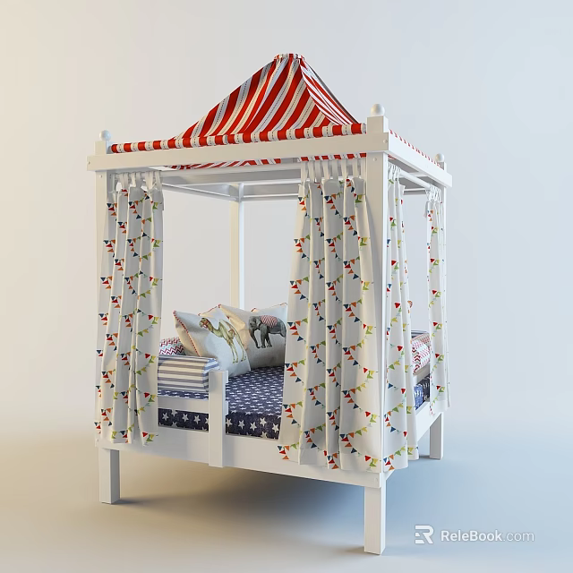 White Kids Canopy Bed With Red White Striped Top Colorful Patterned Curtains And Decorative Pillows 3d model 