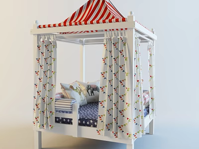 White Kids Canopy Bed With Red White Striped Top Colorful Patterned Curtains And Decorative Pillows 3d model