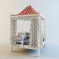White Kids Canopy Bed With Red White Striped Top Colorful Patterned Curtains And Decorative Pillows