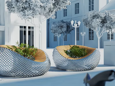 Modern Outdoor Landscape Seats With Metal Mesh Design Built In Plants And White Buildings 3d model